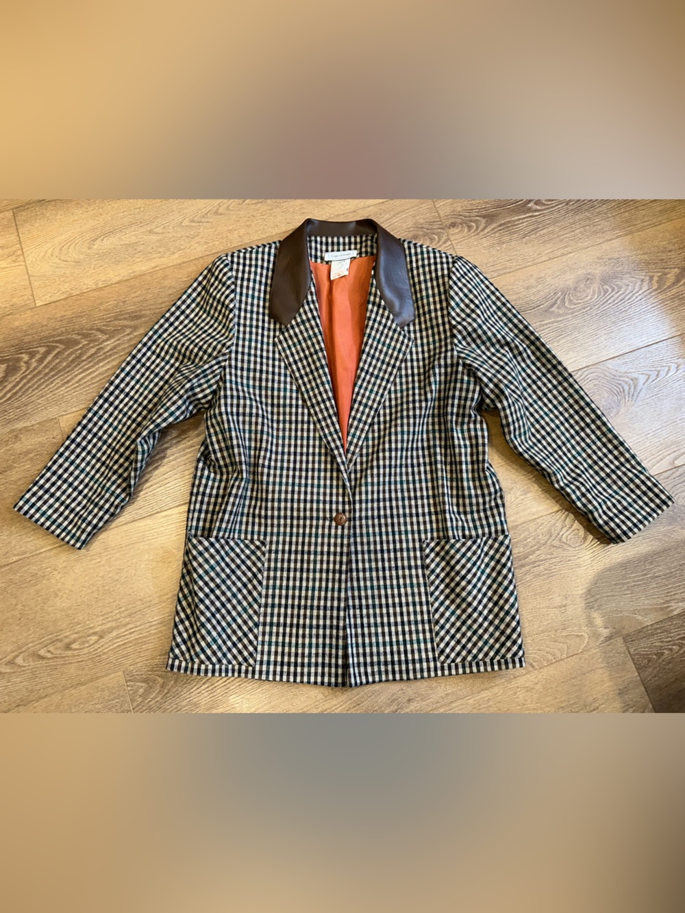 Temps en Temps Vintage Checked Blazer with Faux Leather Trim L dark academia